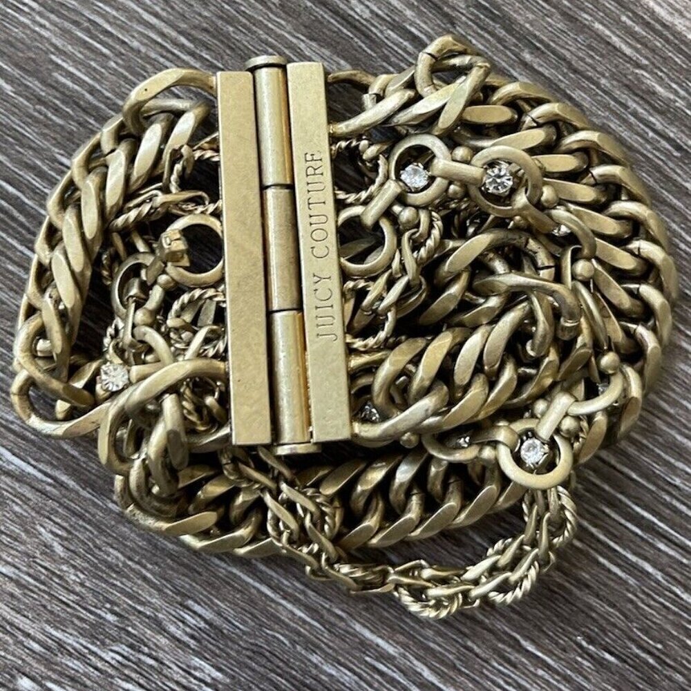 Vintage Juicy Couture Chunky Multi Chain Gold Tone Crystal Stone Bracelet 7”